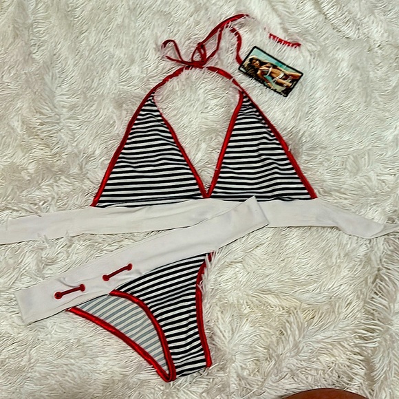 AM:PM by ESPIRAL nautical striped triangle bikini swimsuit Large top med bottom - Picture 1 of 1